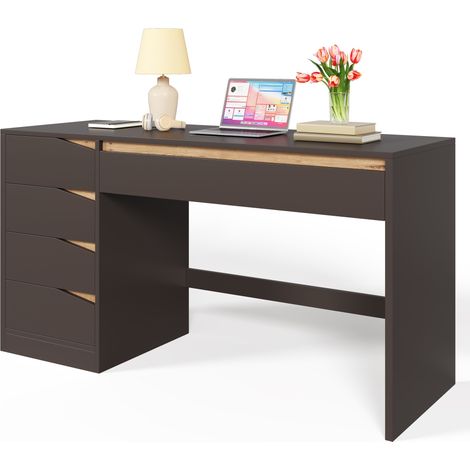 Schreibtisch mit 5 Schubladen, Großer Arbeitsplatte, für Arbeitszimmer und Schlafzimmer, aus MDF, Grau, 140 x 50 x 78 cm (1/5)