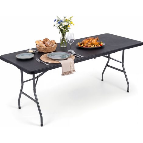 Table de camping pliante noire 6 FT en plastique HDPE avec effet rotin et pieds métalliques pour camping, pique-nique et plein air (1/5)