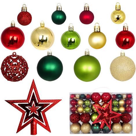 Ensemble de 101 décorations pour sapin de Noël, comprenant des boules de Noël incassables en plastique rouge, doré et vert (1/5)