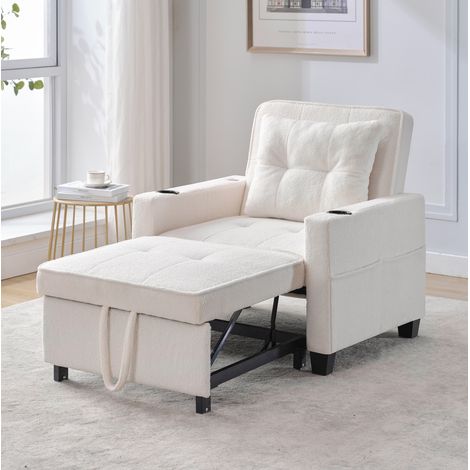 Poltrona letto 74x87x84 cm bianco in legno e metallo 3 in 1 con USB, portabicchieri e schienale reclinabile (1/5)