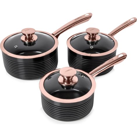 Tower T800001RB Linear Non Stick Induction Saucepans Sets With Lids, Easy Clean, Black and Rose Gold, 3 Piece Set, 16/18/20 cm (1/5)