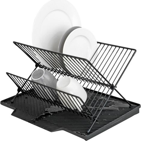 WENKO Abtropfmatte Nelia mit Abtropfgestell Schwarz, Geneigte Fläche für optimalen Wasserablauf, Schwarz, Kunststoff (TPR) schwarz, pulverbeschichtetes Metall schwarz (1/5)