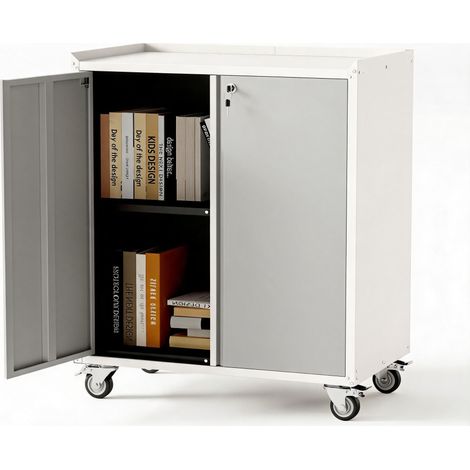 Armoire de rangement métallique sur roulettes – Portes verrouillables, étagère pliable en acier durable, style industriel – Pour garage, atelier, bureau – Coloris blanc (1/5)