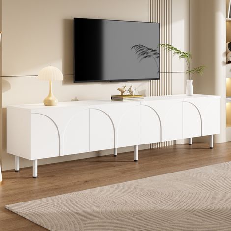 Meuble TV 180 cm avec 4 Portes à Lignes Courbes 3D, Pieds en Métal et Passages de Câbles, Grand Meuble TV Bas de Salon Design Minimaliste Moderne - Blanc (1/5)