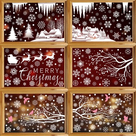 Autocollants de Noël pour vitrines, autocollants blancs de Noël, autocollants sapin de Noël, autocollants rennes de Noël, décorations de vitrines de Noël, autocollants électrostatiques - [Six combinai