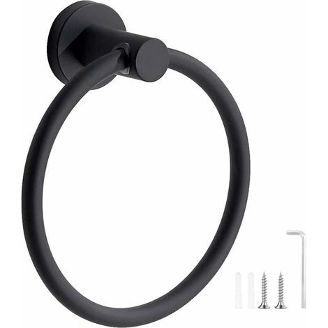 Black wall-mounted towel ring, round rubber towel holder made of 304 stainless steel for bathroom (1/5)