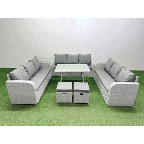 Fimous 11 Seat Outdoor PE Rattan Garden Furniture with Cushions 3 Seater Sofa Side Table 2 Small Stools Light Grey (1/4)