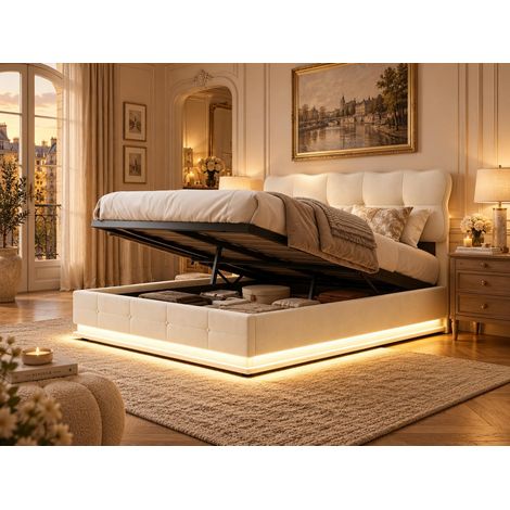 Lit adulte 140x190 cm – Tissu velours – Lit coffre – Éclairage LED