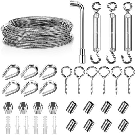 Lot de câbles métalliques en acier inoxydable avec œillets, fil de serrage pour guirlandes lumineuses, clôtures, cordes à linge, plantes grimpantes et éclairage extérieur (1/5)