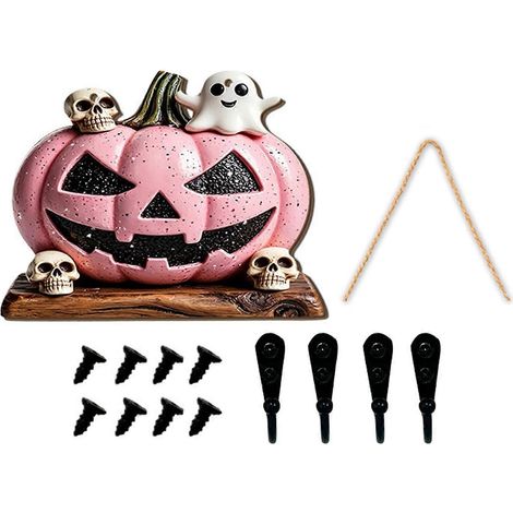 Décoration murale en bois rose d'Halloween, citrouille fantôme mignonne avec crochet pour clés, organiseur mural d'accessoires pour clés C (1/5)