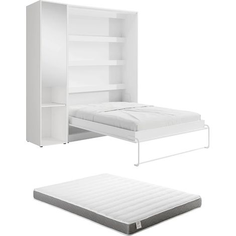 Lit escamotable vertical 140 x 200 cm - 1 colonne de rangement - Avec miroir et LEDs - Blanc + Matelas - RAPILI (1/5)