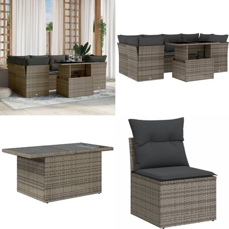 Salon de jardin avec coussins 7 pcs gris résine tressée - Ensemble Salon De Jardin - Meuble Extérieur - Table Extensible - Chaise Lounge - Canapé D'extérieur - Home & Living (1/5)
