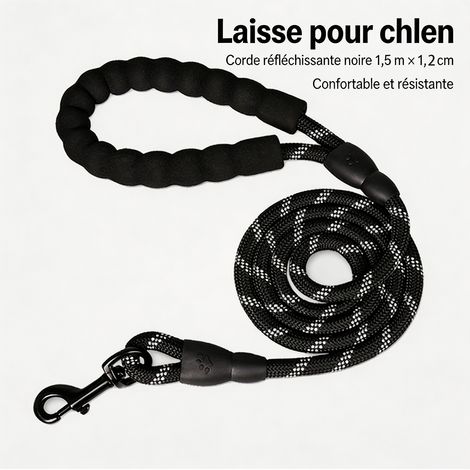 Laisse pour chien en corde réfléchissante noire épaissie, 1,5 m × 1,2 cm, laisse tressée haute résistance pour chiens de grande taille- Noir (1/5)