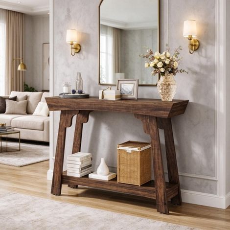 Console de style asiatique, table murale avec étagère supplémentaire, table en bois rustique pour l'entrée, le salon et la décoration (console uniquement) (1/5)