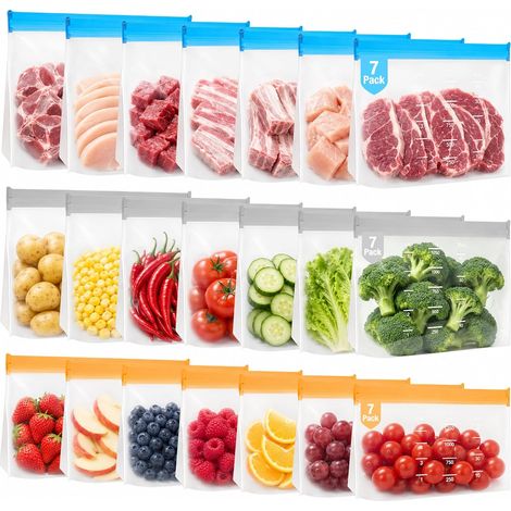 21 x Reusable Freezer Bags with Zip, 3 Sizes Food Bag with Zip, Waterproof for Fruits, Vegetables, Meat – Storage Bag, Resealable Stand Up Zip Bag (1/5)