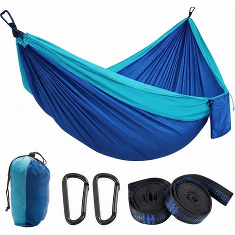 JSSEVN - Outdoor-Camping-Hängematte, 270 x 140 cm, 150 kg Tragkraft, atmungsaktives Fallschirmseiden-Nylon, 2 hochwertige Karabiner, 2 Gurte (Blau) (1/5)
