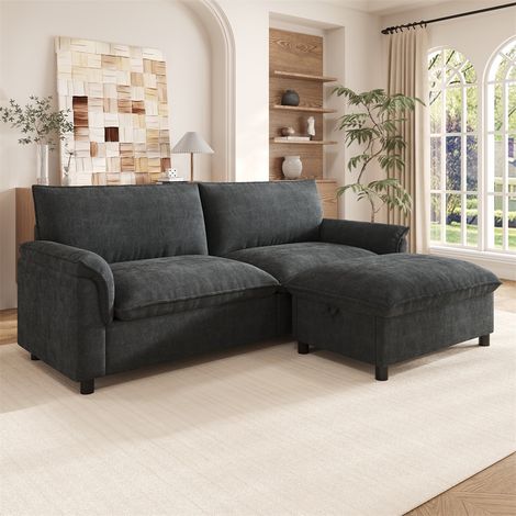 Canapé Modulaire - 216x77x82cm - Style Cloud Grand Confort Convertible avec Pouf Amovible Coffre de Rangement Chenille - Noir (1/5)