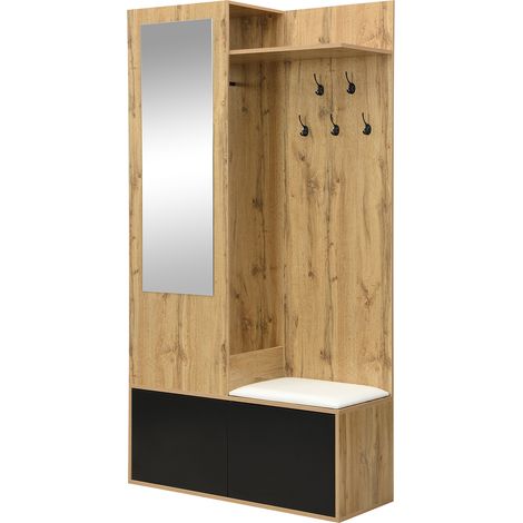 Flurmöbel mit Spiegel, Schuhschrank, 5 Haken und Bank, MDF schwarz/natur MODENUIT (1/5)