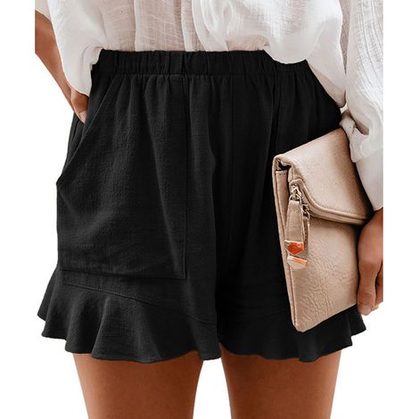 Short taille haute élastique plissé coupe droite ample couleur unie polyester noir taille 3XL (1/5)