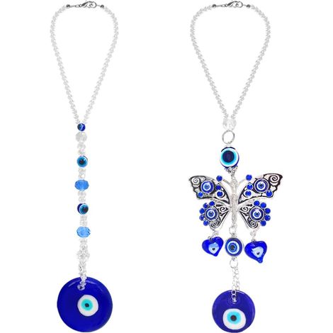 Lot de 2 accessoires de rétroviseur de voiture œil maléfique, ornements de voiture œil maléfique bleu FineGood, pendentif porte-bonheur pour rétroviseur.