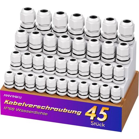 Lot de 45 presse-étoupes en plastique IP68 - M12 M16 M20 M25 - Passe-câbles Conduit de câble réglable de 3 à 15 mm pour jardin, extérieur (1/5)