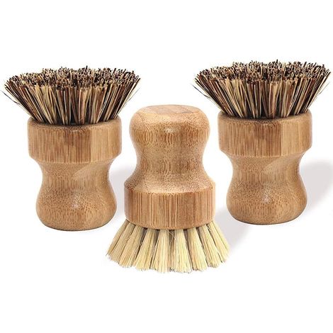 Juego de 3 cepillos de bambú para lavar platos: cepillos de fregar naturales para ollas y sartenes, ecológicos y sin plástico.