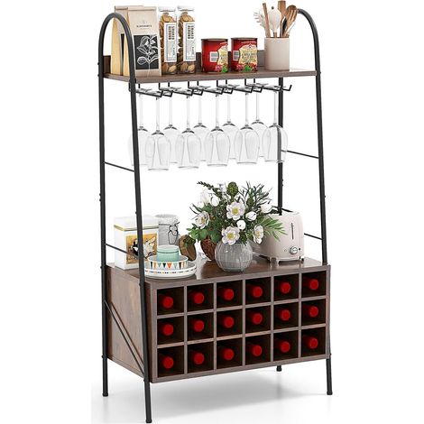 COSTWAY Porte-Bouteille Industriel avec Porte-Verres, 18 Bouteilles & 15 Verres, Casier à vin Amovible, Étagères de Rangement pour Cuisine, Salle à Manger, Bar, 32 x 63 x 114,5 cm, Marron Rustique (1/5)