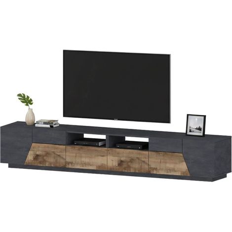 Dmora Mueble TV para salón, Made in Italy, Mueble TV con 4 puertas geométricas y 2 cajones, 260x43h46 cm, Pizarra y Arce, con embalaje reforzado