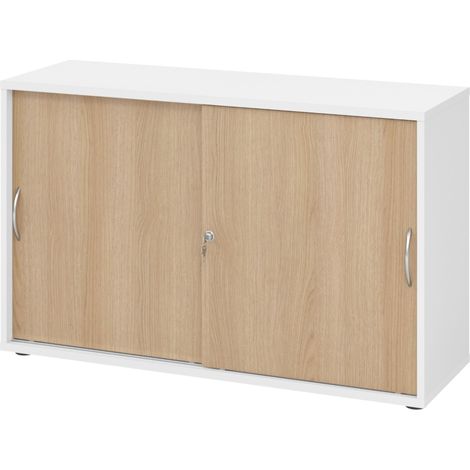 bümö Schiebetürenschrank office - 2 Ordnerhöhen Weiß/Eiche (1/5)