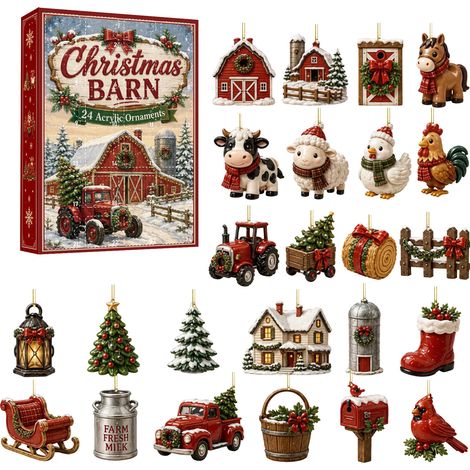 Adventskalender „Bauernhof“ 2026 – 24 flache 2D-Acryl-Anhänger mit rustikalen Scheunen- und Bauernhofmotiven – Weihnachtsbaumschmuck und festliches Geschenk für Liebhaber des Landhausstils (1/5)