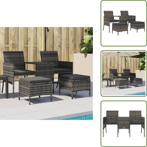 The Living Store Gartensofa 2-Sitzer mit Tisch und Hockern Grau Poly Rattan - Gartensofa - Outdoor-Sofa - Terrassenmöbel - Lounge Set - Gartenlounge (1/5)