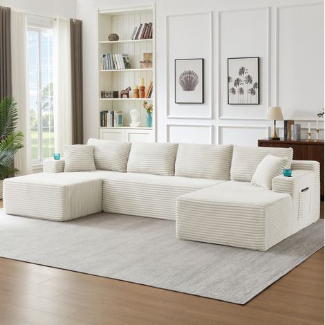 Divano angolare modulare in velluto a coste, 3 elementi, design minimalista, seduta profonda 51/122 cm, non richiede montaggio, beige