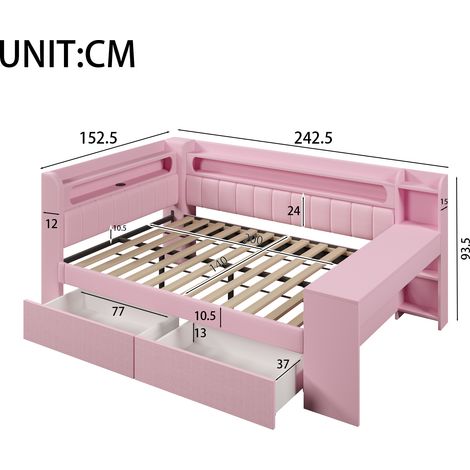 Lit-coeur rembourré 140x200 avec ports USB et bande LED, bureau intégré et 2 tiroirs, teinte rose (1/5)