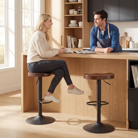 Tabourets de Bar Lot de 2 Réglables Pivotants Chaises de Cuisine avec Siège en Bois d'Orme Marron Foncé