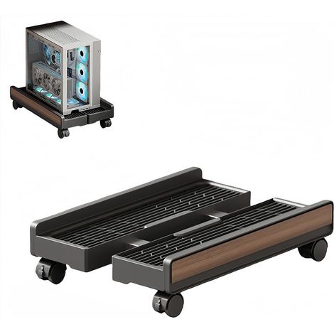 Support réglable pour PC avec 2 roulettes verrouillables, support universel réglable pour processeur, tour PC, bureau à domicile, bureau, boîtier d'ordinateur, cadre principal (grain de bois (1/5)