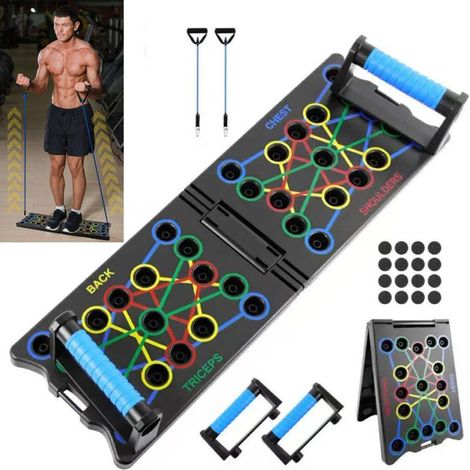 Foldable ABS push-up board, color-coded guidance for chest, shoulder, and tricep training, with resistance cords.