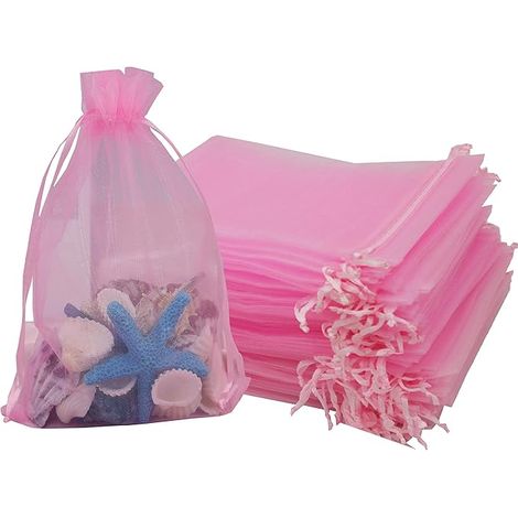 Lot de 100pcs sachets en organza rose 5 x 7 pouces avec cordon, pochettes à bijoux pour mariage, fête et cartes (1/5)