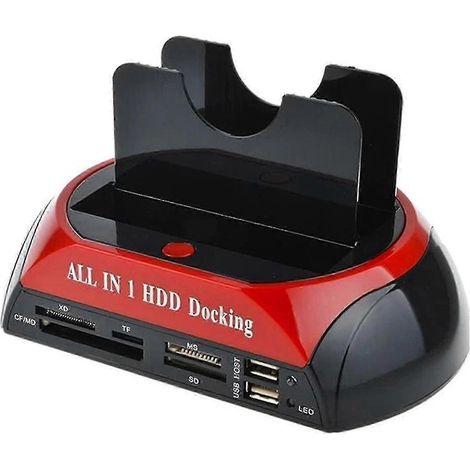 Station d'accueil pour disques durs SATA IDE 2,5 et 3,5 pouces avec ports USB 3.0 et lecteur de cartes, dotée de deux emplacements pour une connexion facile des disques. (1/4)