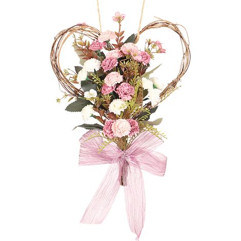 Couronne d'œillets artificiels, décoration murale suspendue en forme de cœur avec nœud rosé (1/5)