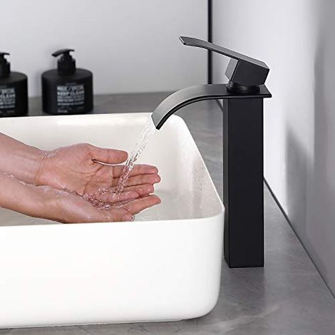 CECIPA Robinet Lavabo Noir Haut Cascade avec 185mm Bec Haut Mitigeur Lavabo Noir Cascade Haut Robinetterie Salle de Bain Noir Cascade Mitigeur Salle de Bain Noir en Inox (1/5)