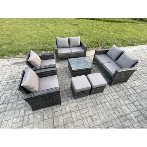Fimous Rattan Garden Furniture Set Patio Outdoor Lounge Sofa Set with Square Coffee Table Double Seat Sofa 2 Small Footstools Dark Grey Mixed (1/5)