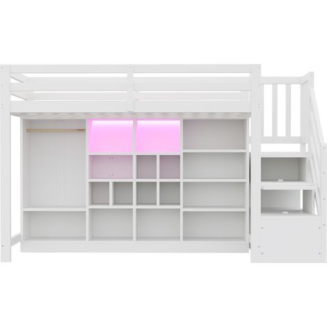 Letto a Soppalco Singolo con Contenitori, Armadio, LED Regolabile e Scala Contenitore 90 x 200 cm, senza Materasso (1/4)