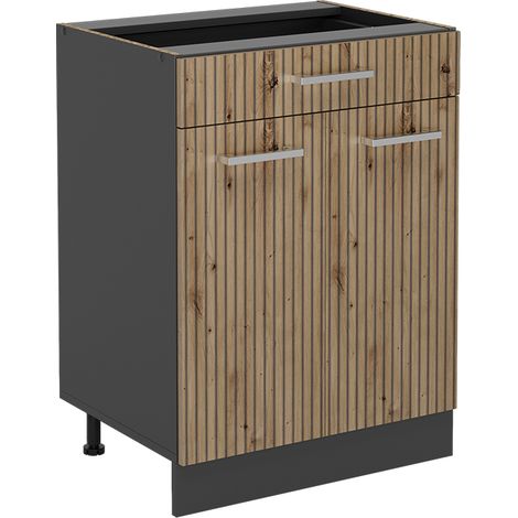 Mobiletto base per cucina R-Line, Rovere artigianale, 60 cm con cassetto, senza piano di lavoro, Vicco