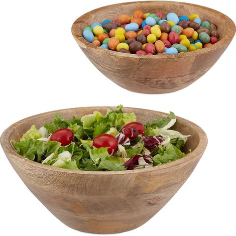 Saladier, lot de 2, en bois de manguier, diamètre de 23 et 29 cm, bol pour salade, snacks, fruits, marron (1/5)