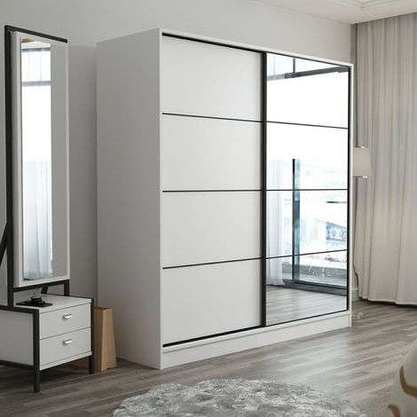 Schrank 2 Türen Cascia, Kleiderschrank Schlafzimmer 5 Regalböden, Kleiderstange, 2 Türen, 180x210h cm Weiß (1/5)