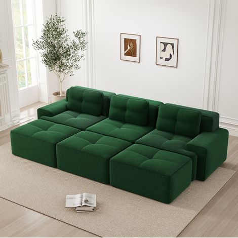 Sofá rinconero modular de tela acanalada verde, 3 plazas, cama y 3 pufs DESVIAE (1/5)