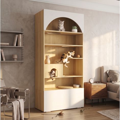 Armoire pour chat avec espace d’escalade et rangement 90 x 50 x 202 cm, blanc effet bois (1/5)