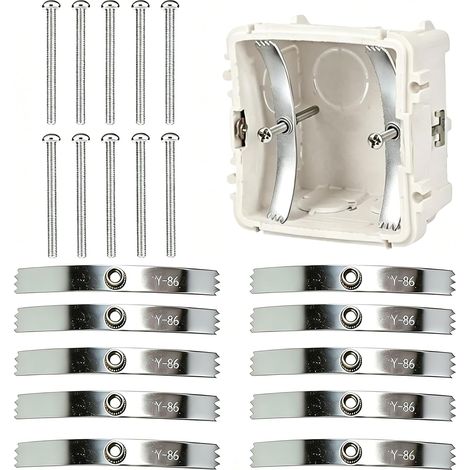 Lot de 10 clips de réparation universels de boîte arrière de type 86 avec tiges de support réglables et crochets à vis pour prise murale/interrupteur (argenté) (1/5)
