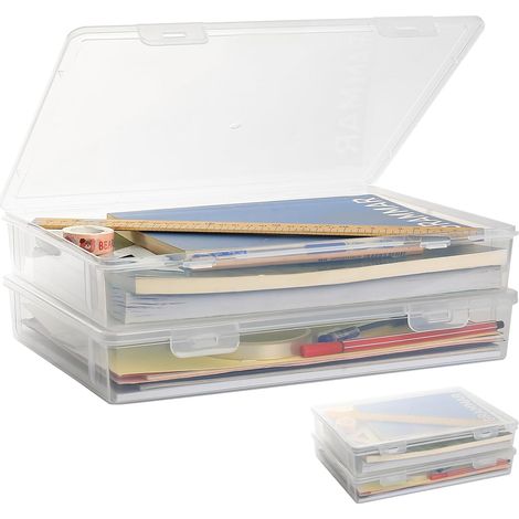 Boîte de Rangement A4, 2 Exemplaires Boîte en Plastique Polyvalente avec Couvercle - Transparente et Stable à Empiler pour Documents, Matériaux de Bricolage et Bureau (31x22x5cm) (1/5)