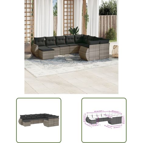 The Living Store Salon de jardin avec coussins 10 pcs gris résine tressée - Ensemble Salon De Jardin - Mobilier De Jardin - Canapé Jardin - Chaise Jardin - Table Basse Jardin (1/3)